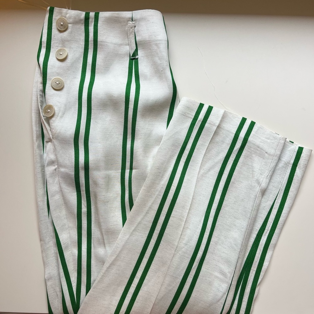 Topshop green striped pants with buttons and belt.